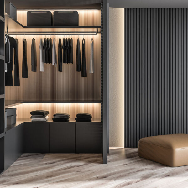 Modern wooden wardrobe with clothes hanging on rail in walk in closet design interior. 3D render