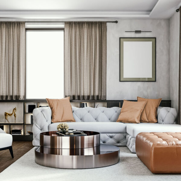 Modern interior design of bright living room with tufted Italian style furniture, gray american clay wall with painting frames, large windows and suspended ceiling, 3d rendering