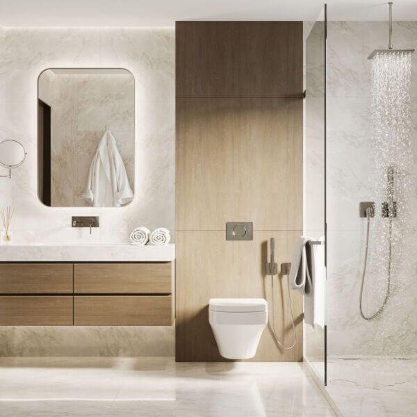 3d modern bathroom with wooden and white marble details