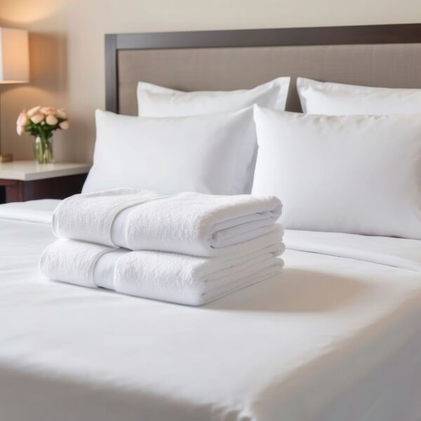Folded white towels on a pristine white bed in a hotel room