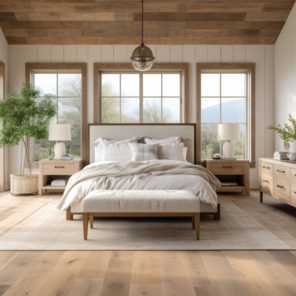 Farmhouse interior design of modern bedroom. Wooden floor. Big windows.