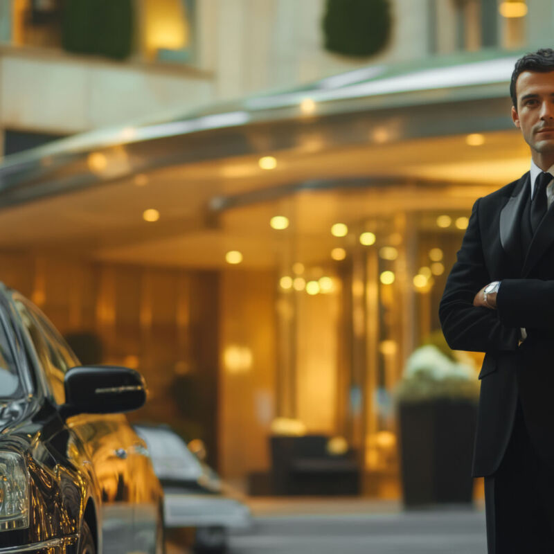 Luxury hotel doorman in uniform standing by a black car in front of an upscale hotel entrance. High quality photo