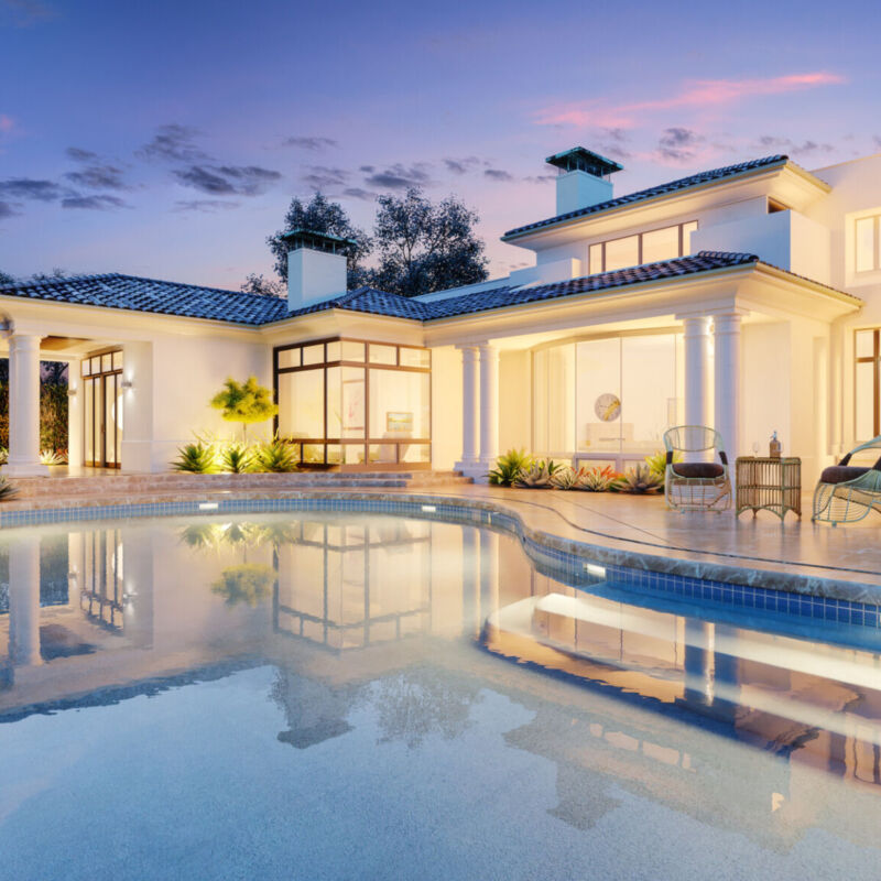 Expensive private villa. Swimming pool in a private house. Eveni