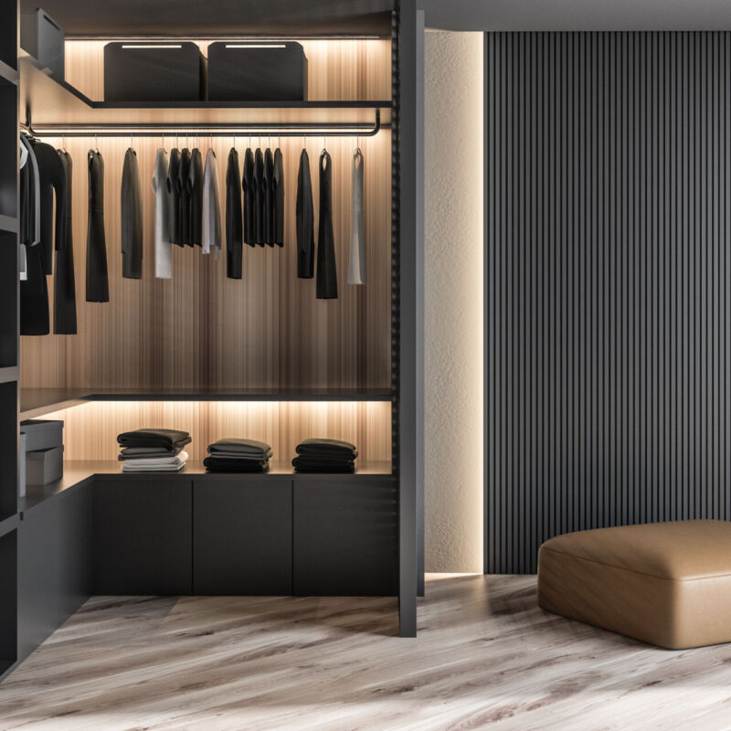 Modern wooden wardrobe with clothes hanging on rail in walk in closet design interior. 3D render