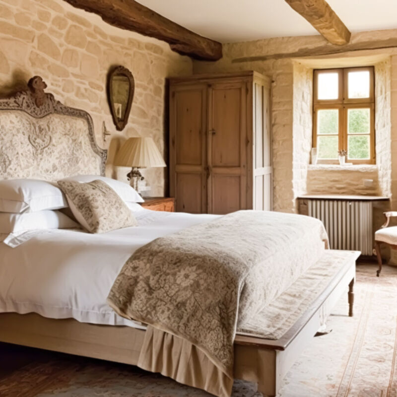 Country bedroom decor, interior design and holiday rental, bed with elegant bedding and antique furniture, English country house and cottage style, post-processed, generative ai