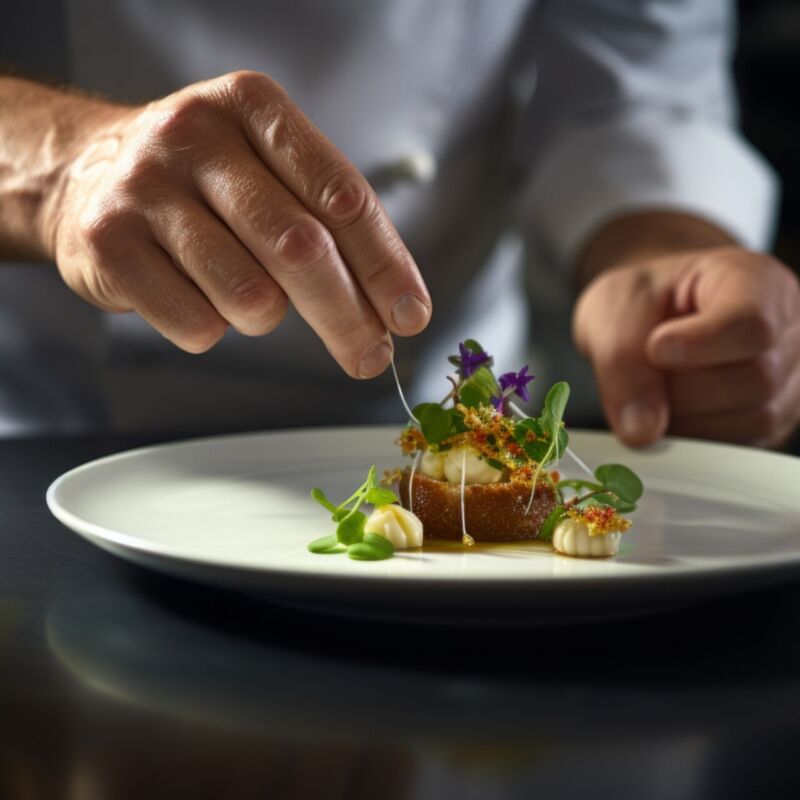 Master chef cook man hands precisely cooking dressing preparing tasty fresh delicious mouthwatering gourmet dish food on plate to customers 5-star michelin restaurant kitchen close-up detailed artwork. High quality photo