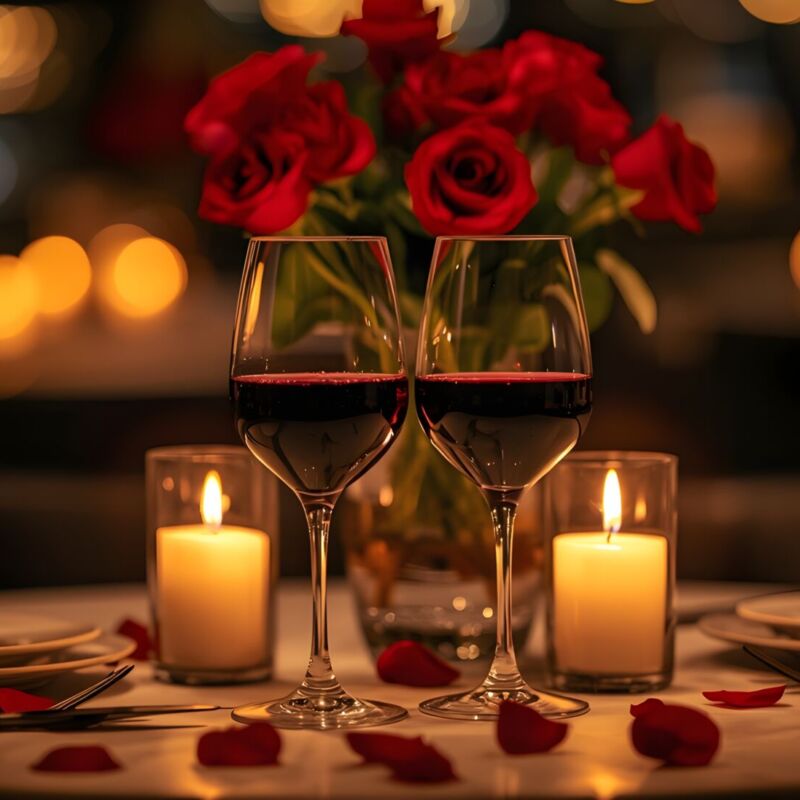 Romantic candlelight dinner setting with wine glasses